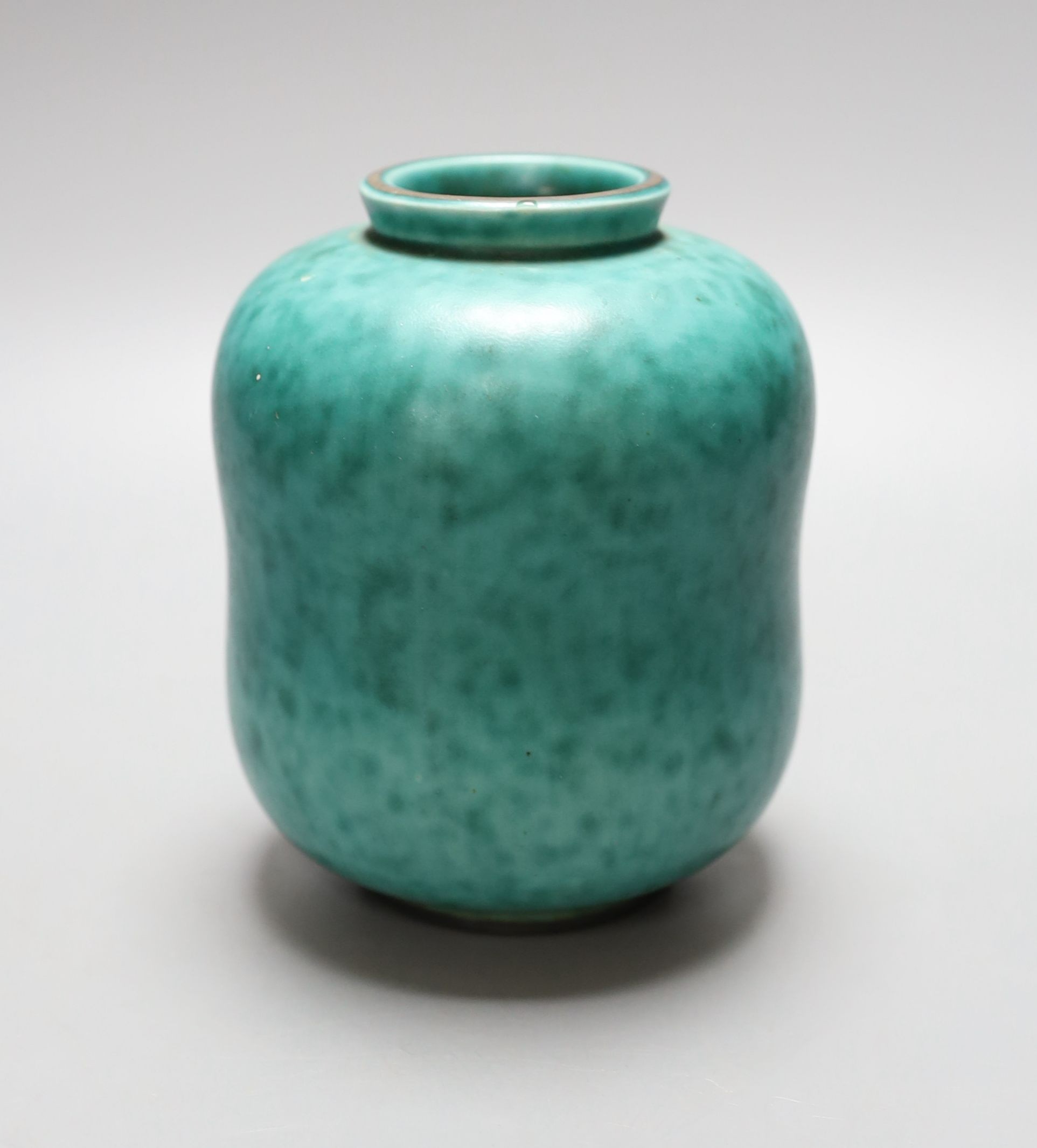 Willhelm Kage for Gustavsberg, a Swedish green glaze ‘Argenta’ ware vase, numbered 1079.1, 12cm tall